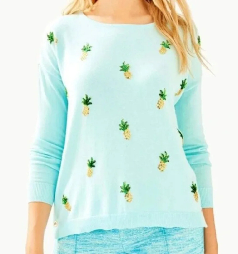 Lilly Pulitzer NWT Women's Sz S Caralynn Sweater Blue Sequin Pineapple Cotton